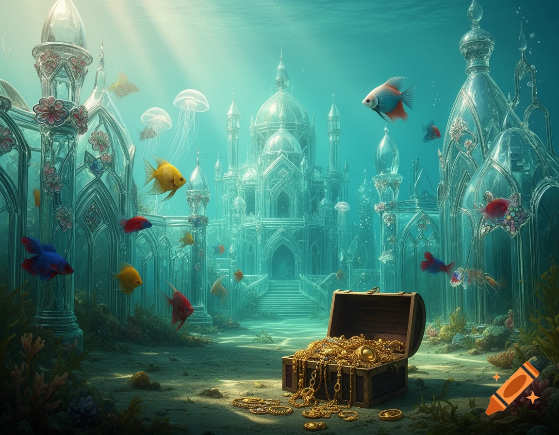 A vibrant, ultra-realistic underwater scene with a luminous glass city, exotic fish, jellyfish, and a treasure chest brimming with gold.