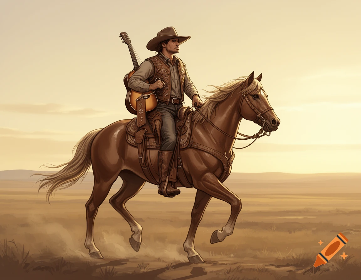 A stylized illustration of a cowboy riding a brown horse across a dusty plain at sunset, with a guitar strapped to his back.
