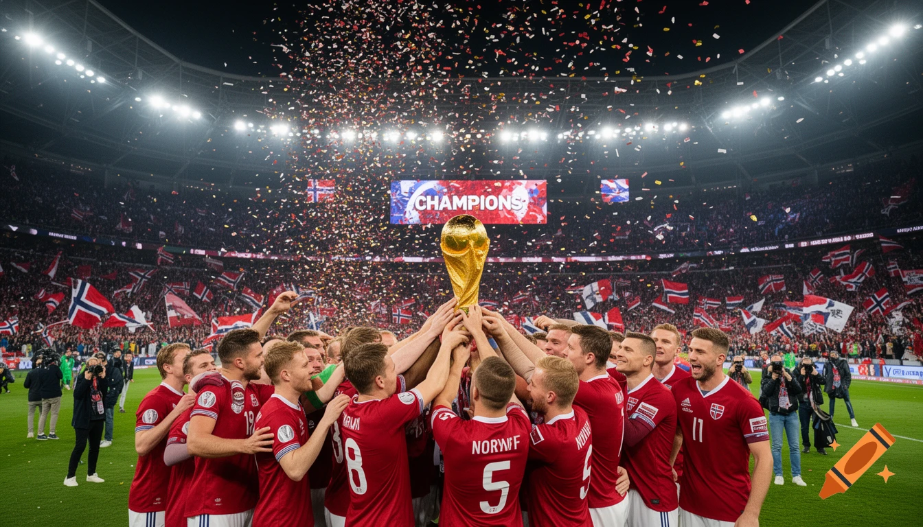 A jubilant Norwegian soccer team lifts the golden World Cup trophy in a stadium filled with cheering fans and falling confetti. The jumbotron reads "CHAMPIONS".