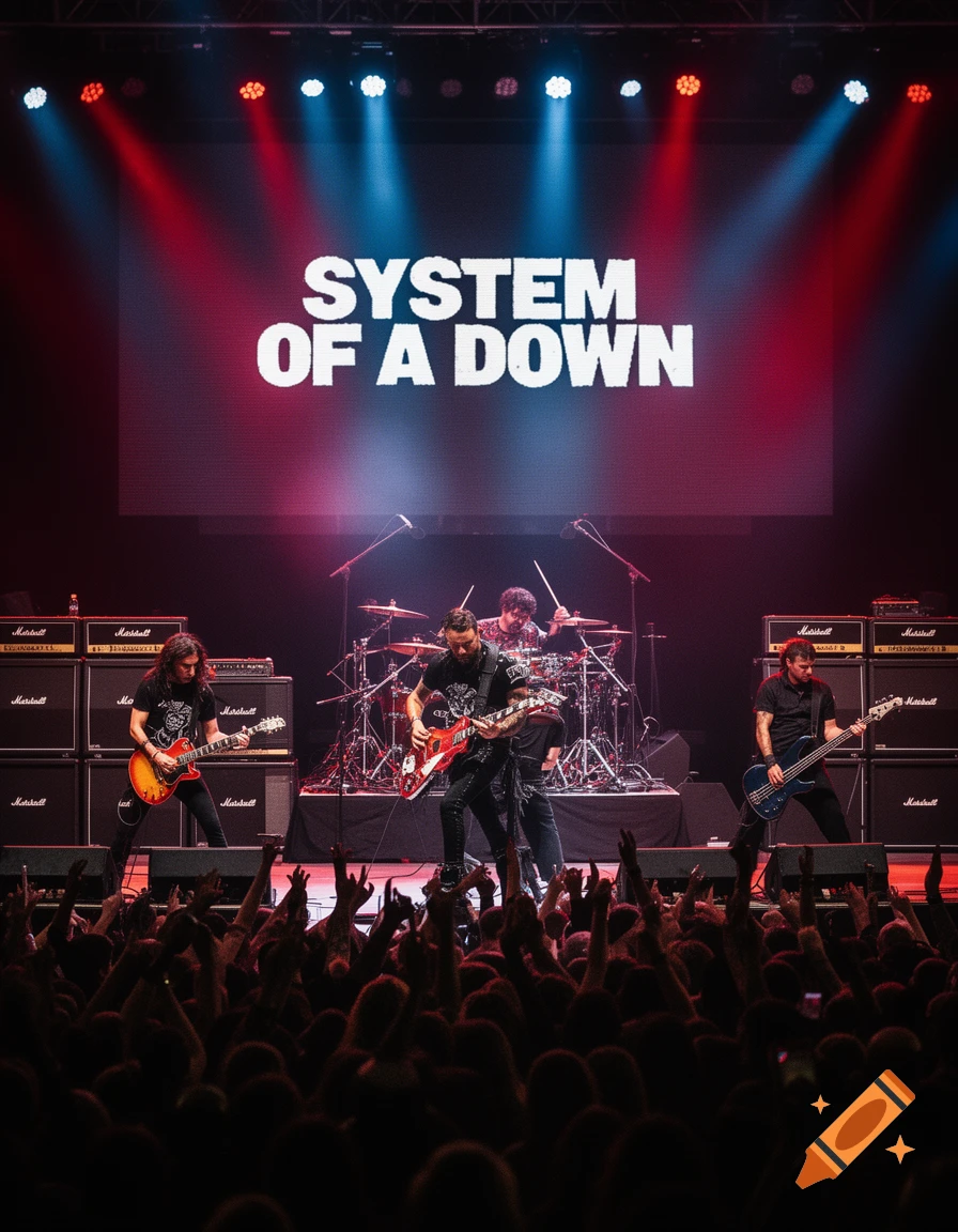A rock band, System of a Down, performs on stage illuminated by red and blue lights, with their name displayed on a large screen above. A large crowd is visible in the foreground.