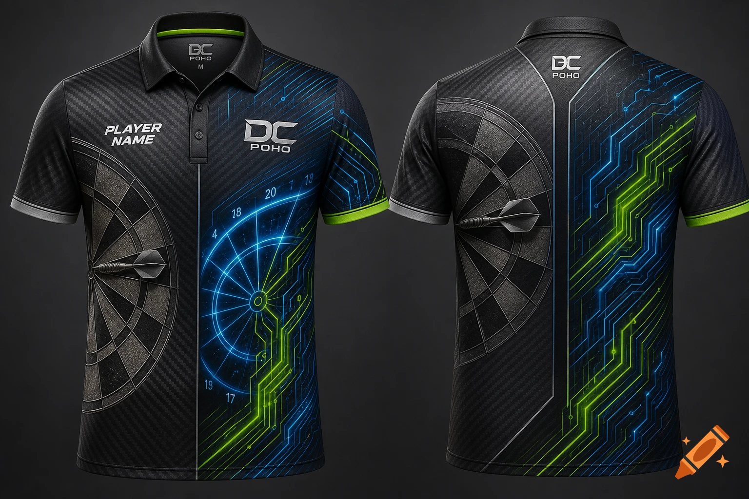 Front and back views of a black polo shirt with a carbon fiber pattern, featuring a dartboard and a dart on the left side, and glowing blue and green circuit board patterns with a digital dart target on the right side. DC POHO logo and "PLAYER NAME" text are visible.