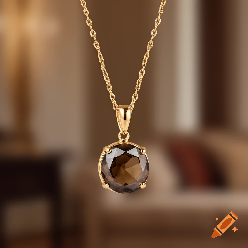 Photorealistic close-up of a gold chain necklace with a round, faceted smoky quartz pendant against a blurred background.