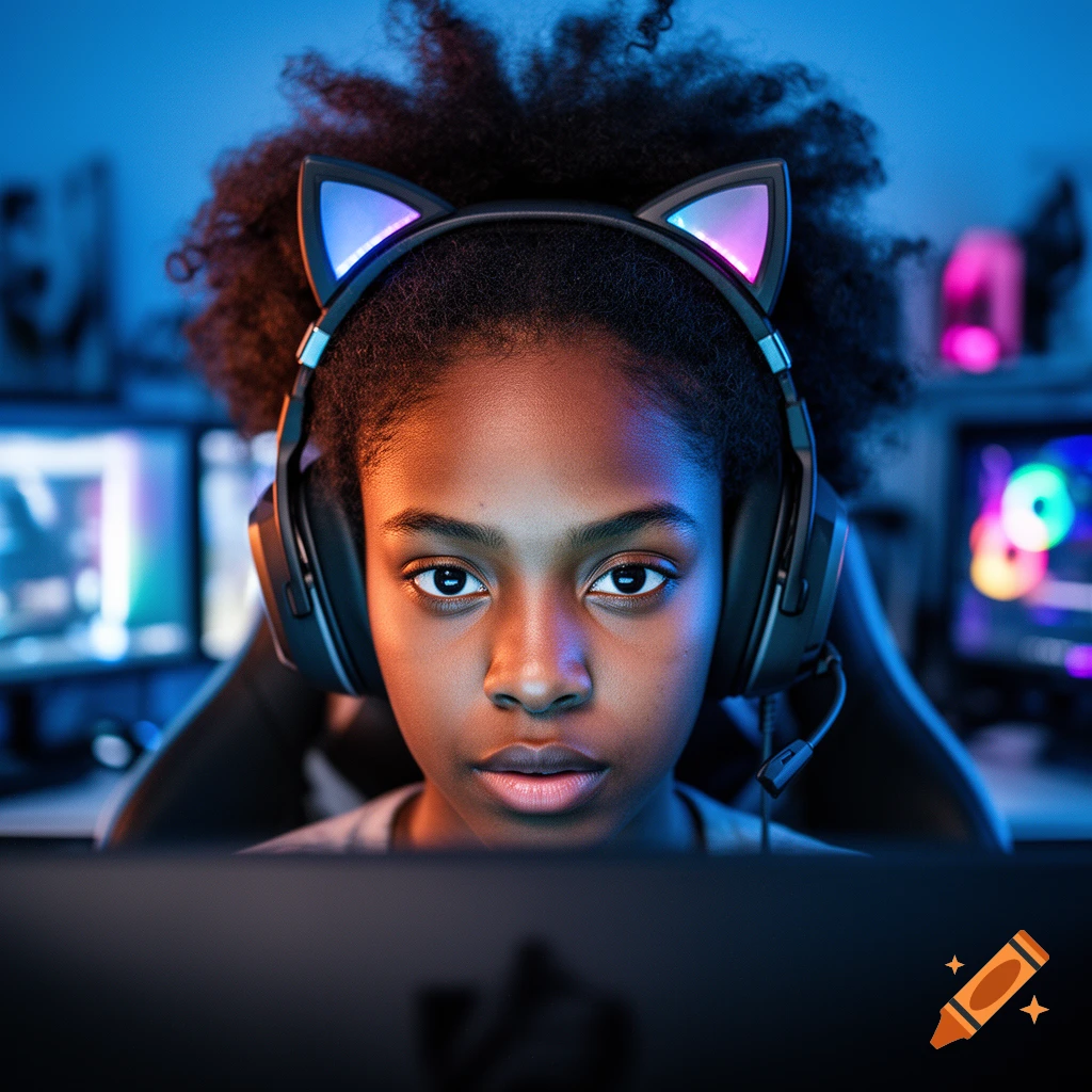 A young Black girl with curly hair wears glowing cat-ear headphones, intently looking at a screen in a dimly lit gaming room.