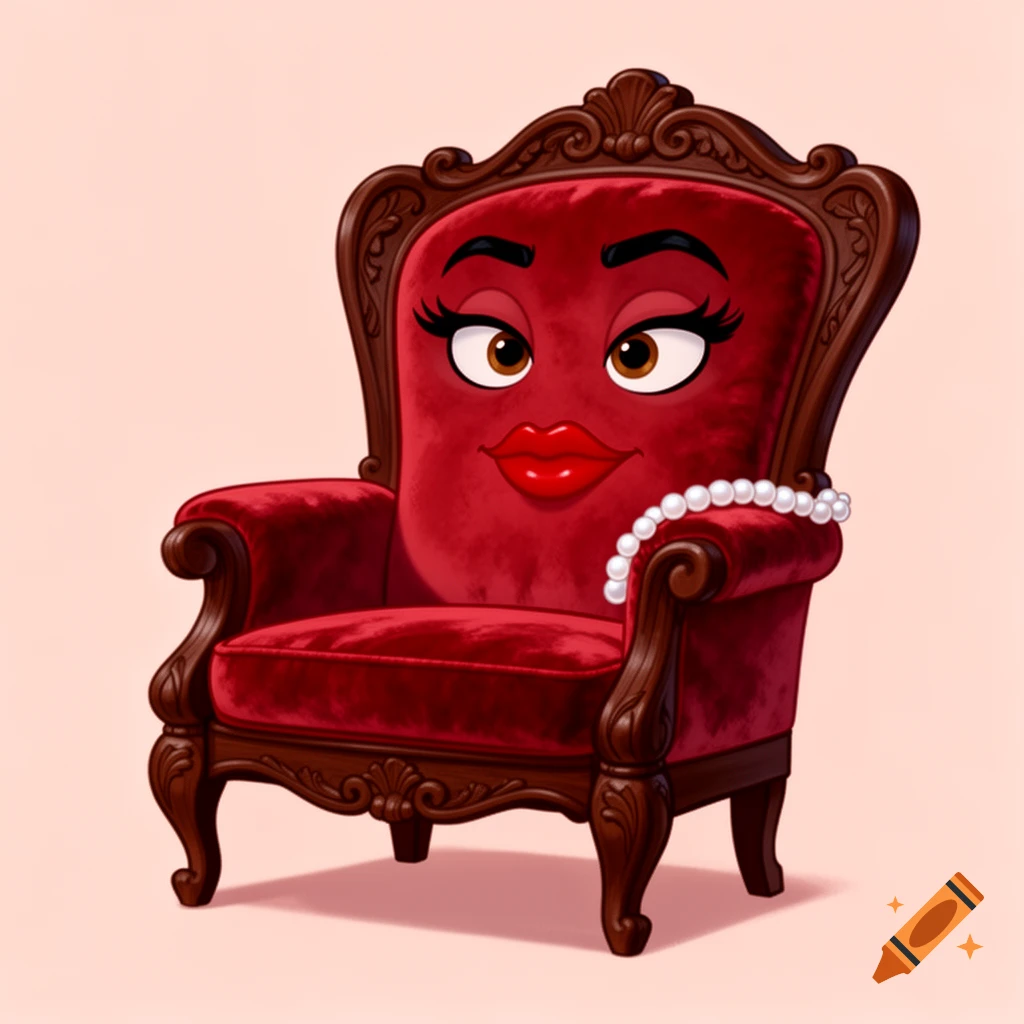A cartoon animated vintage armchair with a red velvet seat, carved dark wood, large expressive eyes, long lashes, red lips, and a pearl necklace. The chair has a snobby expression.