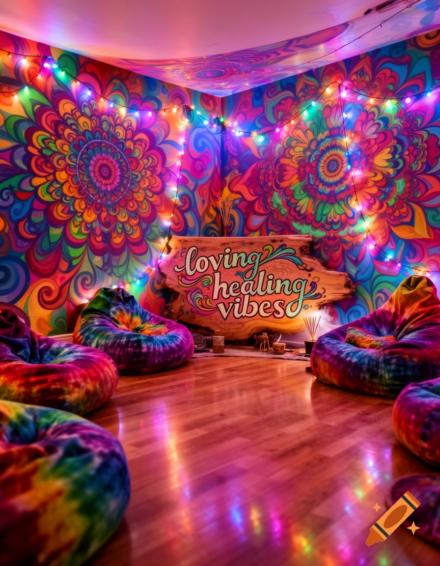 Colorful psychedelic room with mandala tapestries, string lights, tie-dye bean bags, and a 'loving healing vibes' sign.