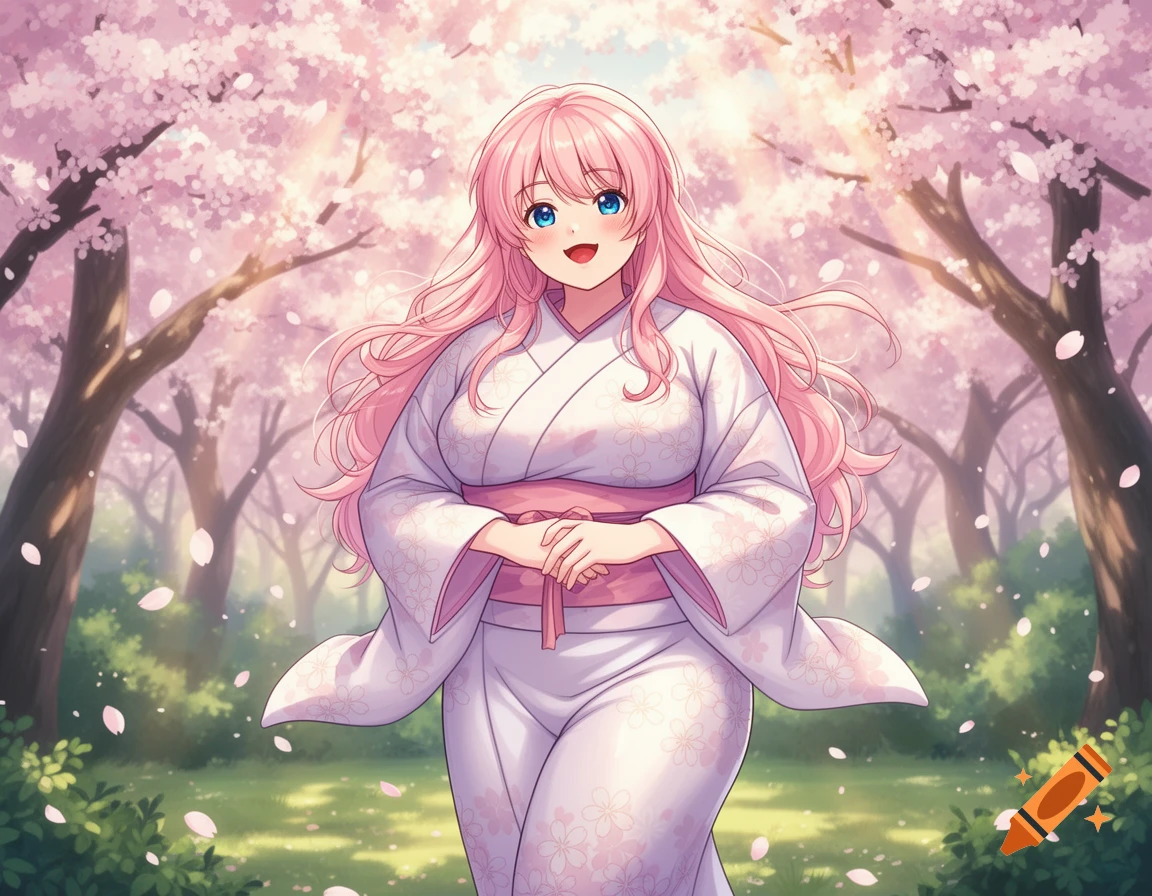 Smiling anime girl with pink hair and blue eyes, wearing a white kimono with cherry blossom patterns, standing under blooming cherry trees with petals falling.