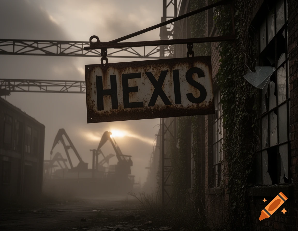 A rusty sign displaying 'HEXIS' hangs from an old industrial building with broken windows and ivy, overlooking foggy cranes at sunset.