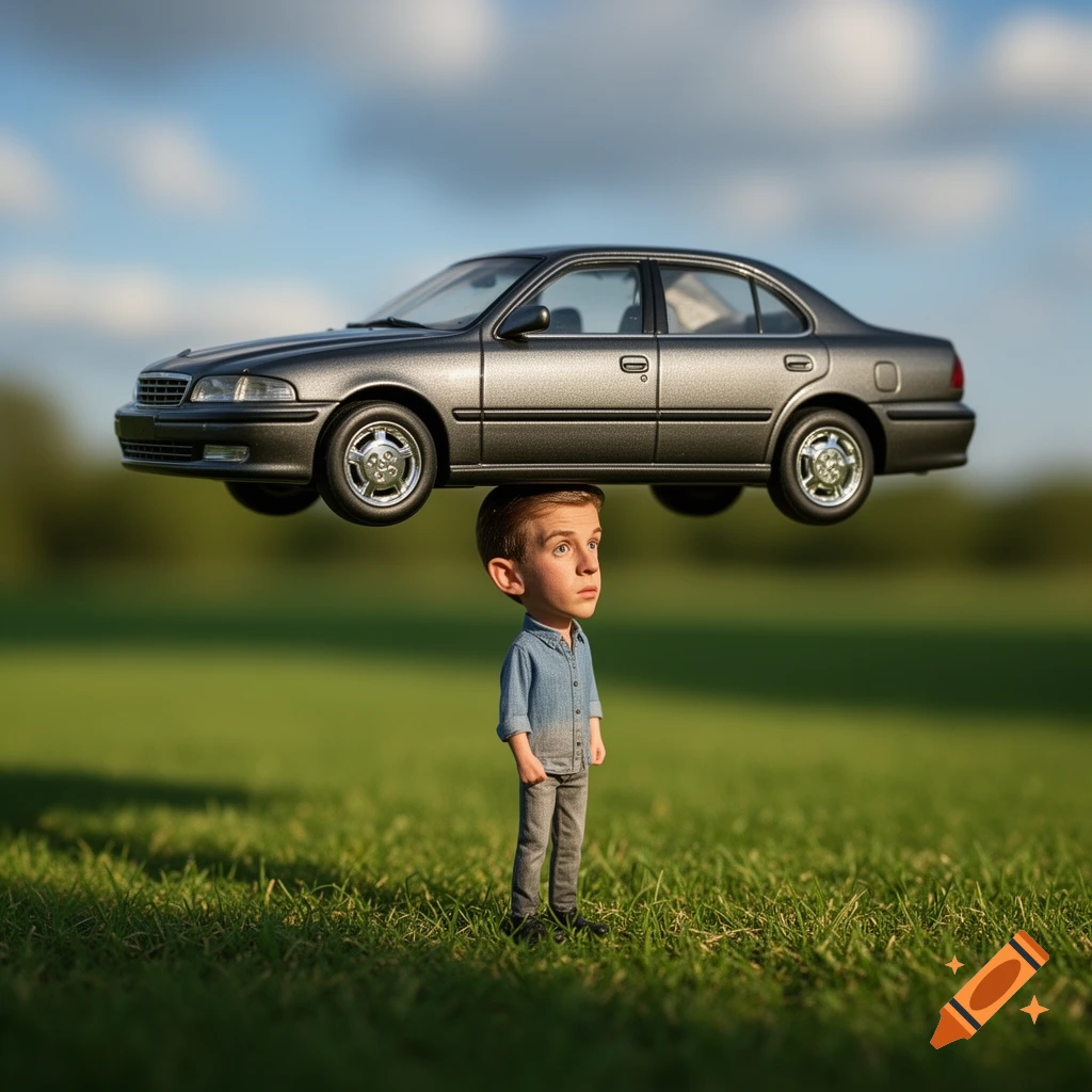 A small, disproportionate man stands in a grassy field with a large grey sedan car balanced on his head.