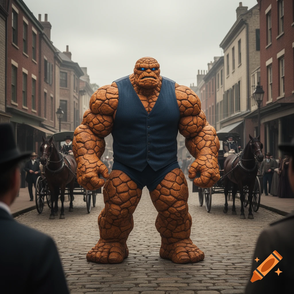 The Thing, a rocky superhero, in a blue vest and shorts, stands on an 1800s cobblestone street with horse-drawn carriages.