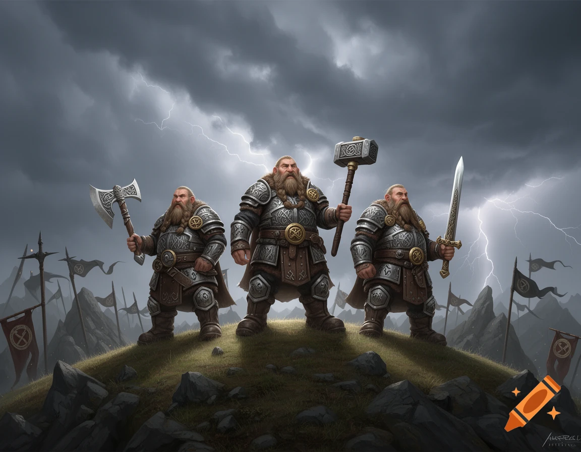 Three armed dwarven warriors stand defiantly on a grassy hill under a stormy sky with lightning, in a fantasy painting style.