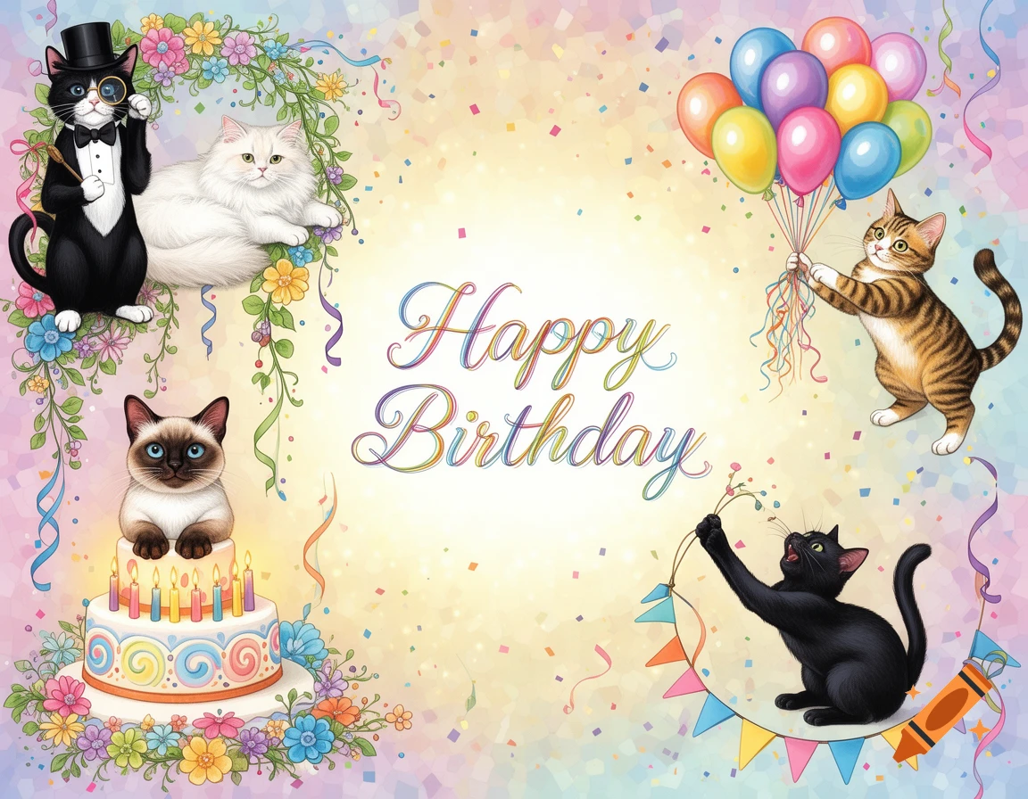 Five cartoon cats celebrate a birthday with balloons, cake, and confetti, featuring 'Happy Birthday' text.