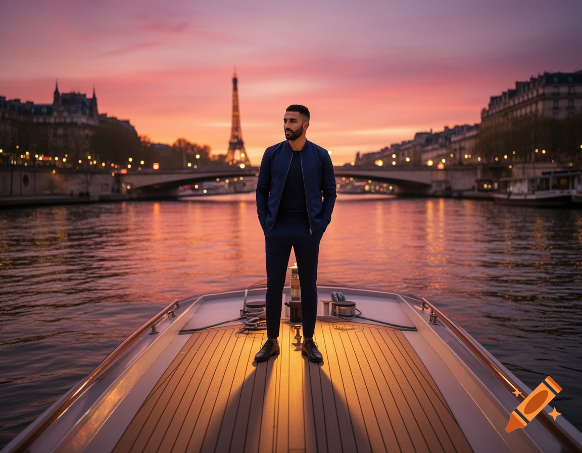A man in a blue suit stands on a boat on the Seine river at sunset, with the Eiffel Tower and Paris city lights in the background.