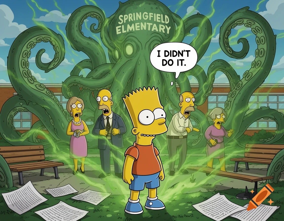 Bart Simpson stands in front of Springfield Elementary, where a Cthulhu-like monster looms. Skinner and Mrs. Krabappel look shocked, and Bart says, "I didn't do it."