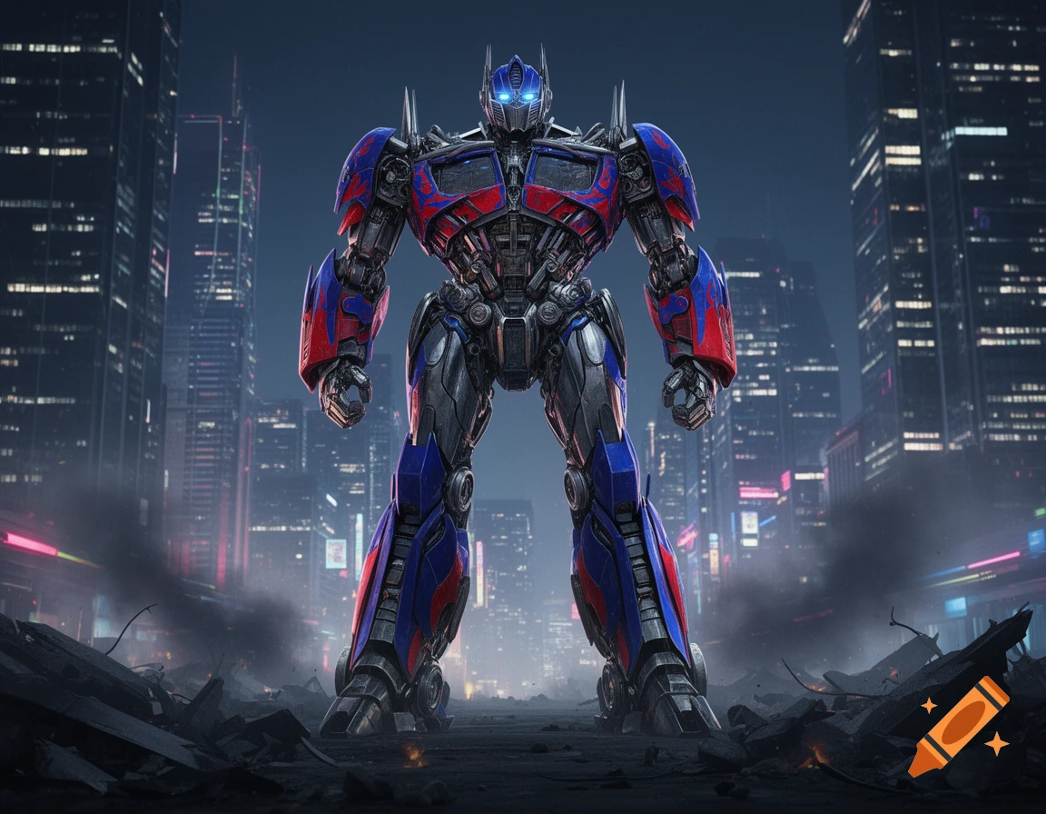 Optimus Prime, a red and blue robot, stands amidst a dark, neon-lit futuristic city with debris on the ground in a photorealistic style.