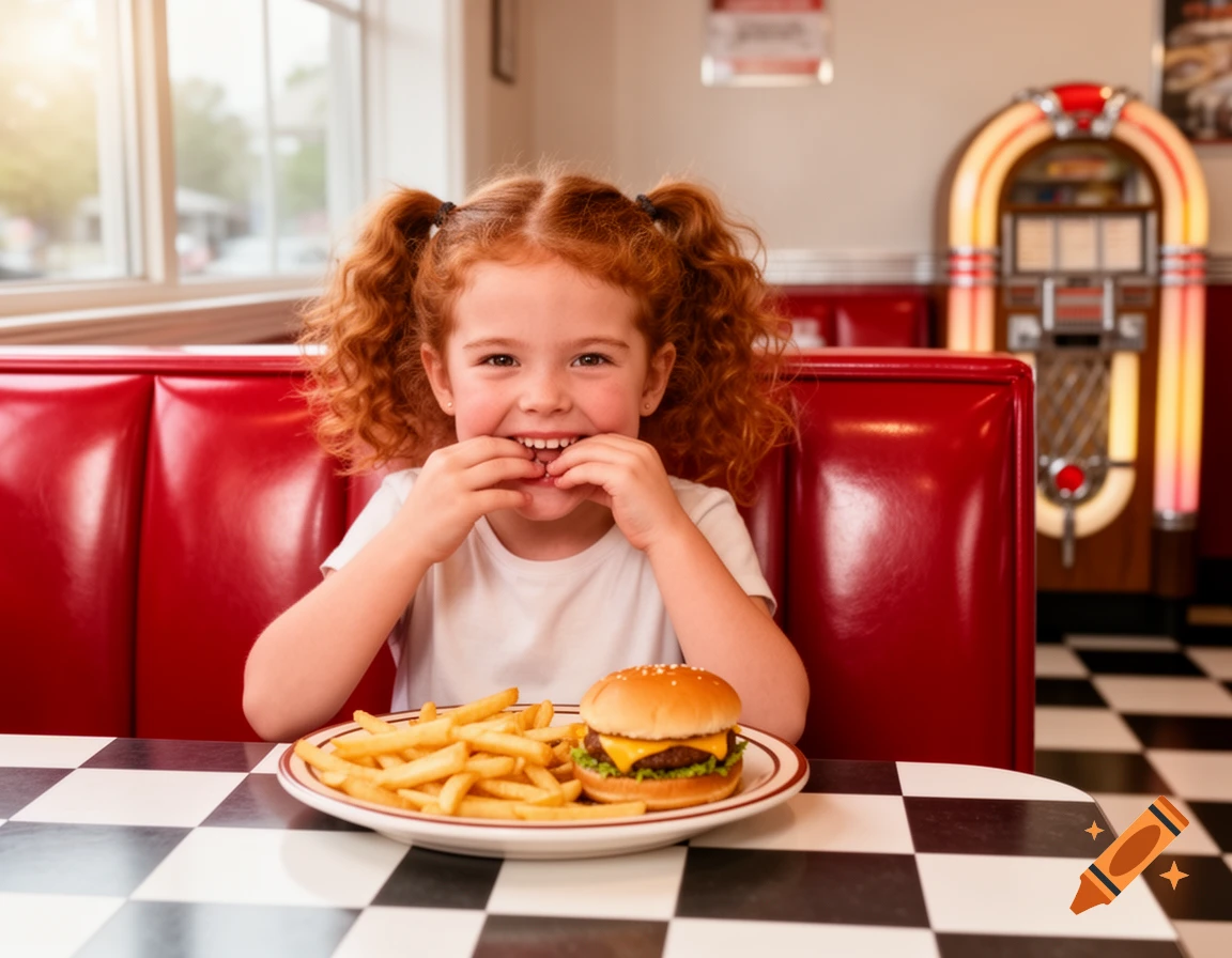 A smiling red-haired little girl with pigtails sits in a red diner booth with a cheeseburger and fries.