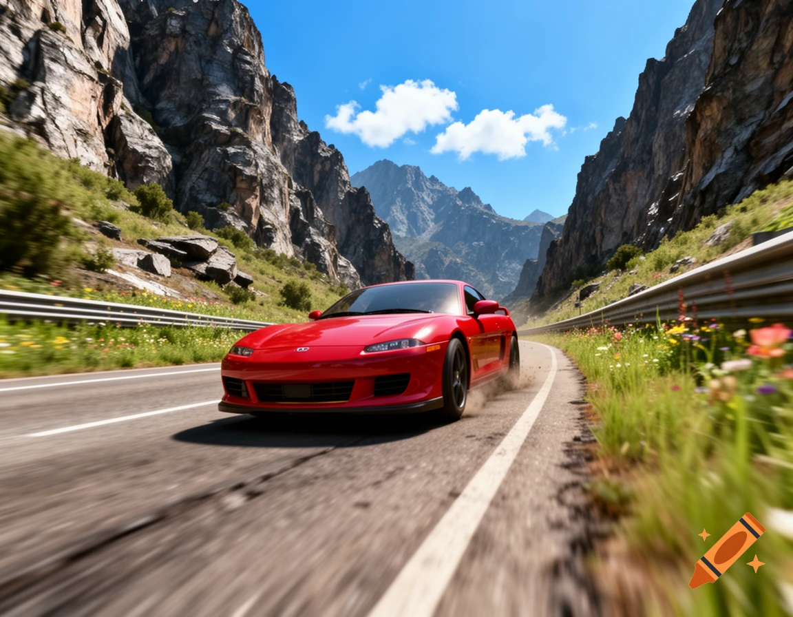 A red sports car speeds on a winding road through a majestic mountain valley under a clear blue sky.