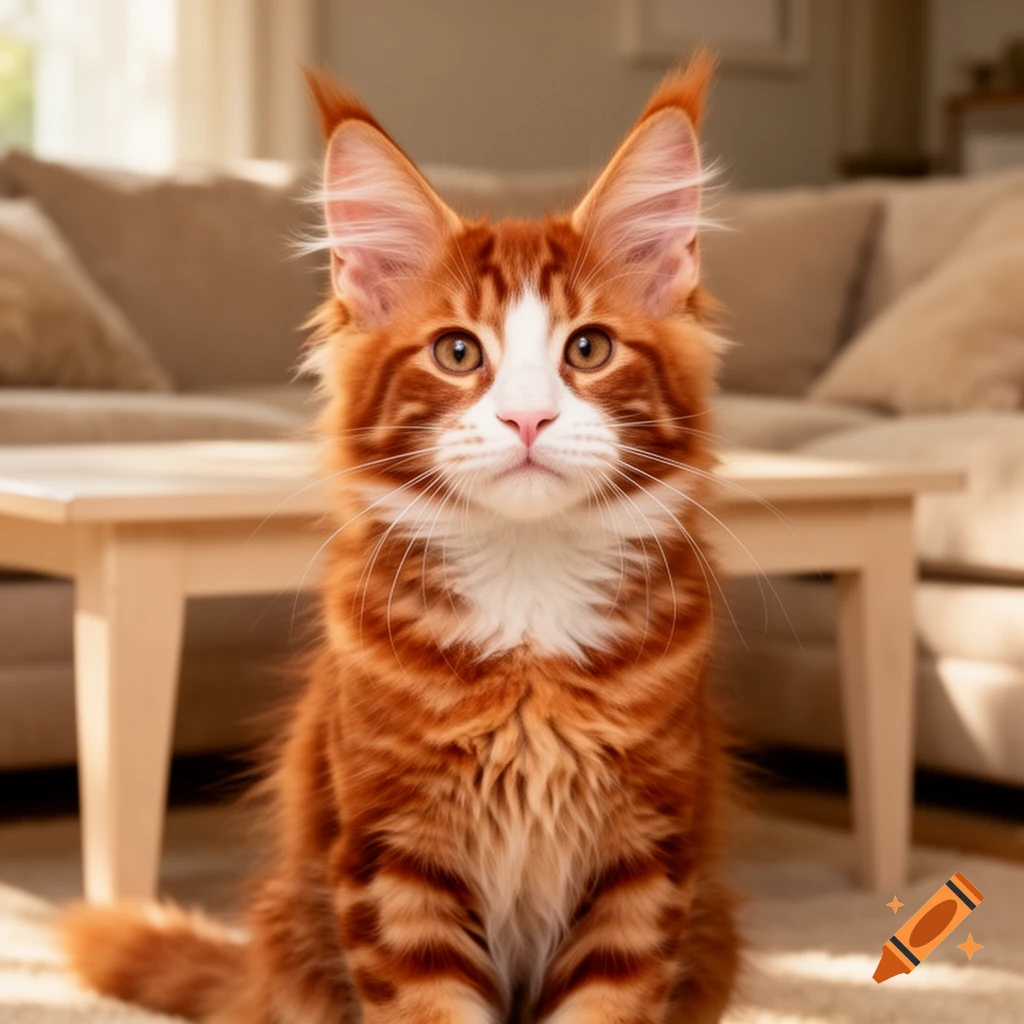 A close-up, photorealistic image of a fluffy orange and white Maine Coon kitten with large ears sitting indoors.
