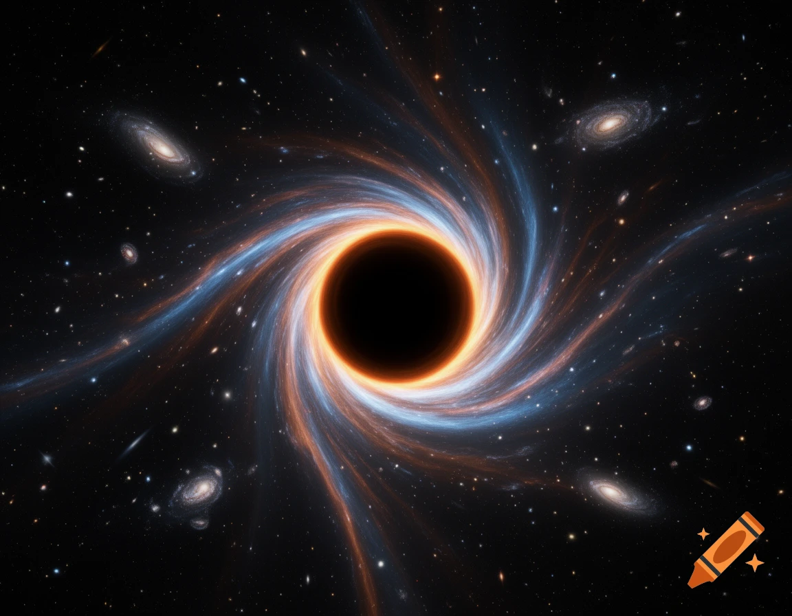 A black hole with a glowing orange and blue accretion disk, surrounded by stars and galaxies in deep space.