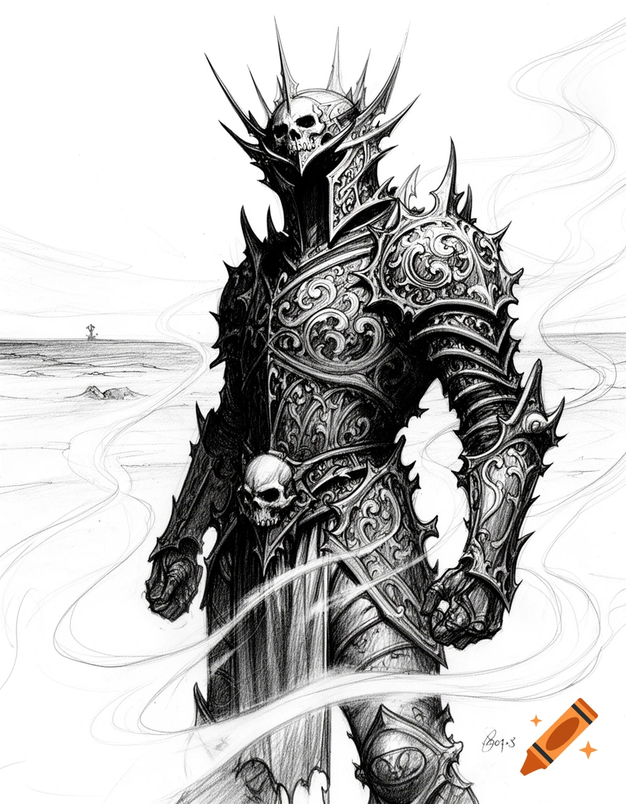 Black and white sketch of a dark fantasy knight in elaborate, spiked armor with skull details, standing in a desolate landscape.