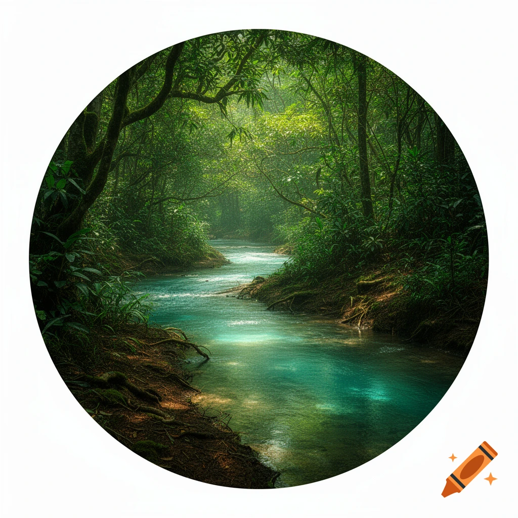 A circular image depicting a serene river flowing through a dense, sunlit tropical forest with lush green foliage and turquoise water.