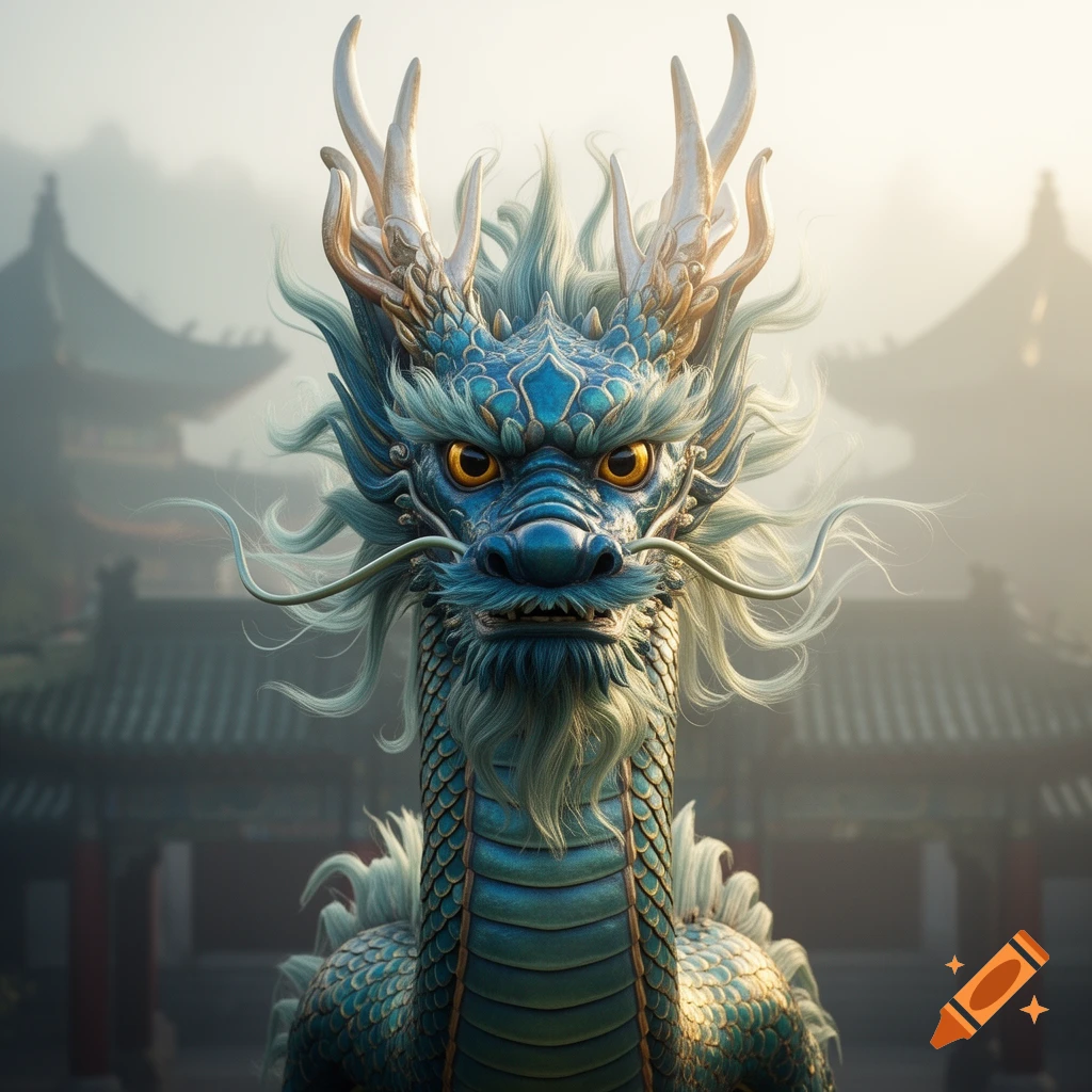 A close-up, highly detailed shot of a blue and gold Chinese dragon's head and neck with golden eyes, against a misty traditional temple backdrop.