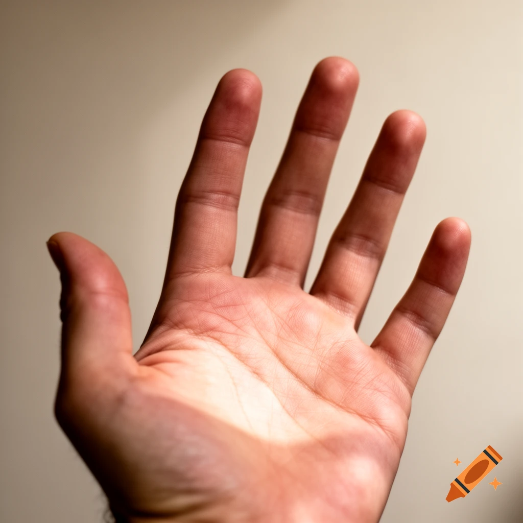Close-up of a human hand with five fingers, palm facing forward, illuminated from the side.