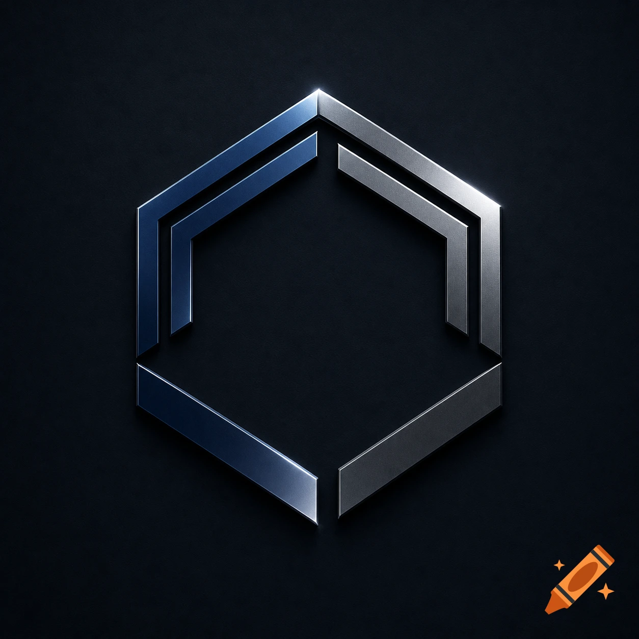 An abstract open hexagonal logo design with metallic blue and silver segments on a dark background.