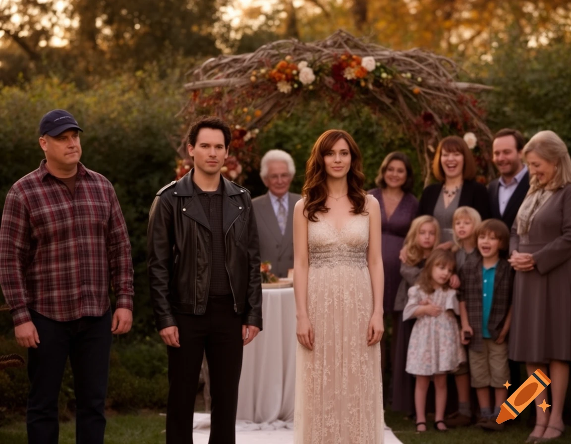 A diverse group of people, including a woman in a wedding dress and men in a plaid shirt and leather jacket, stand outdoors at an event with a floral archway.