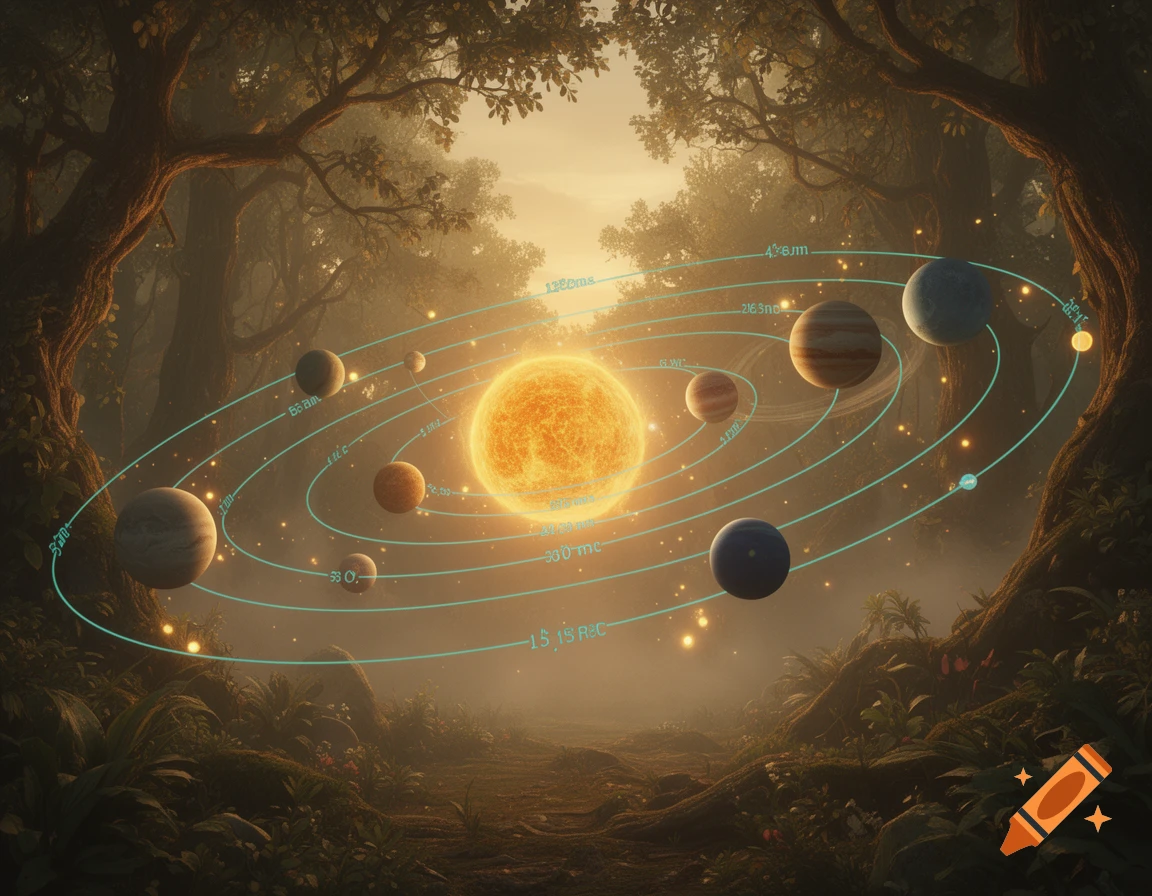 A stylized solar system with teal orbit paths and unreadable markers superimposed over a glowing, golden-hour fantasy forest scene.
