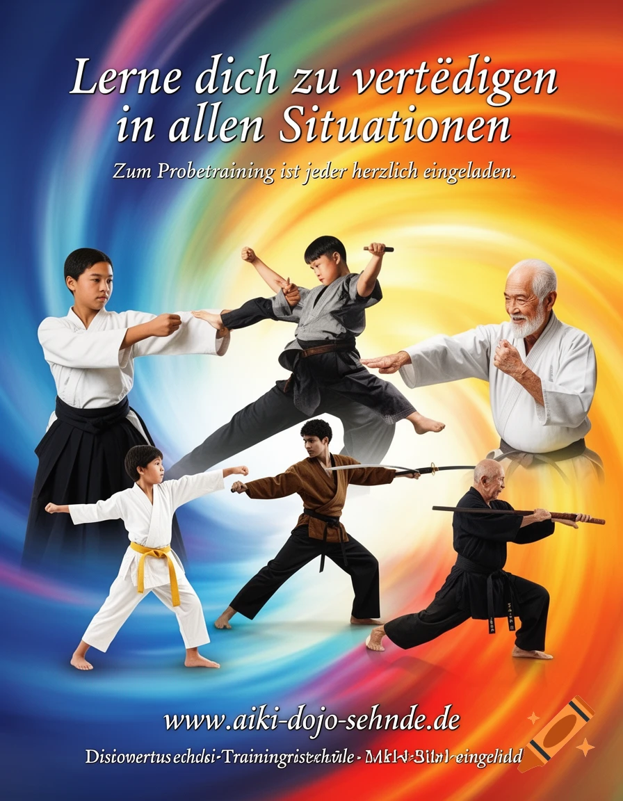A colorful poster for a martial arts school with five people and one child demonstrating different martial arts moves with and without weapons, against a vibrant rainbow background, with German text promoting self-defense.