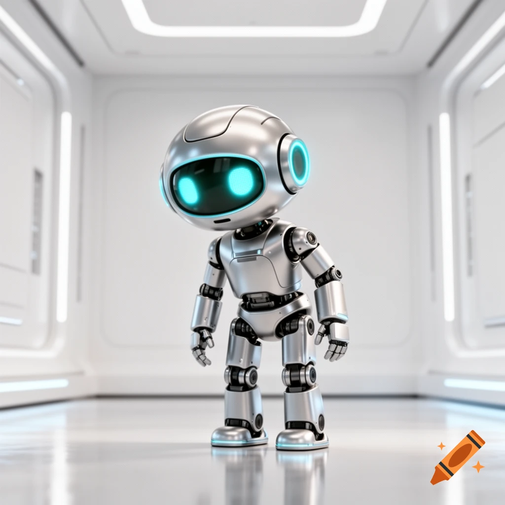 A small, shiny silver robot with glowing blue eyes and accents stands in a white, minimalist futuristic hallway.