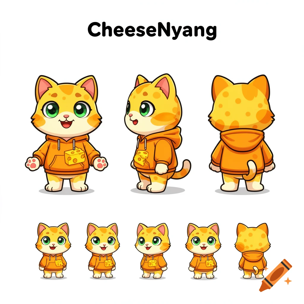 Character turnaround sheet featuring a cute orange and yellow cat named CheeseNyang wearing a hoodie with a cheese logo, shown from multiple angles.