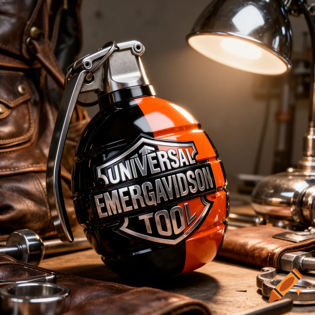 A black and orange hand grenade with 'UNIVERSAL EMERGAVISON TOOL' on a shield logo. Surrounded by leather and metal tools.