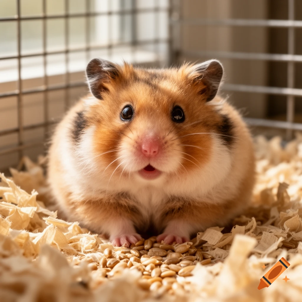 A photorealistic close-up of a fluffy brown and white hamster with puffed cheeks sitting among wood shavings and seeds in a cage.