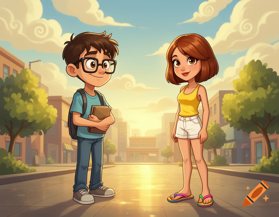 A cartoonish boy with glasses and a backpack holding a book stands opposite a brown-haired girl in a yellow top and white shorts on a sunny street.