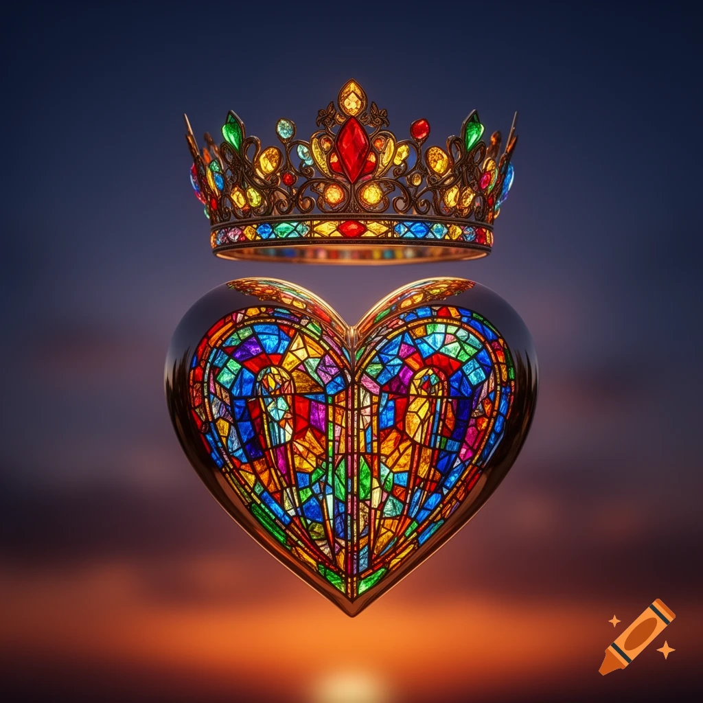 A vibrant, glowing stained glass heart floats beneath an ornate, jeweled crown against a blurred sunset sky.
