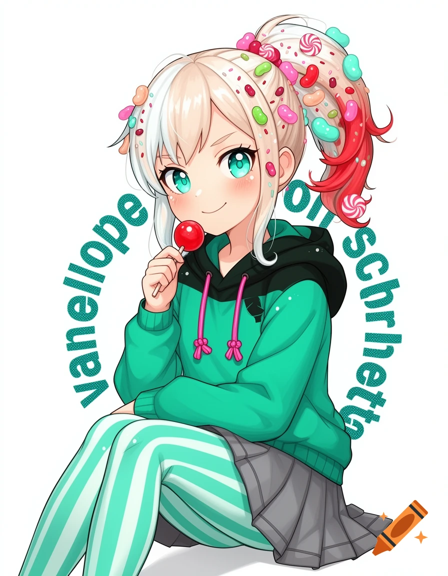 Anime girl Vanellope von Schweetz with candy in her hair and a teal hoodie, holding a red lollipop. Text "vanellope von schweetz" circles her.