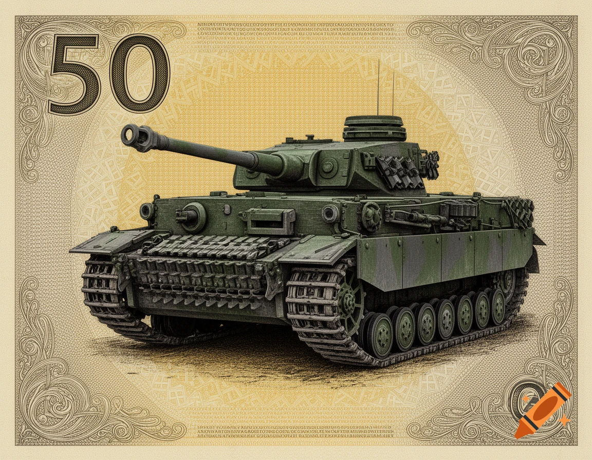 A German Panzer IV tank is depicted on a vintage-style 50 banknote, with intricate patterns and a large '50' in the corner.