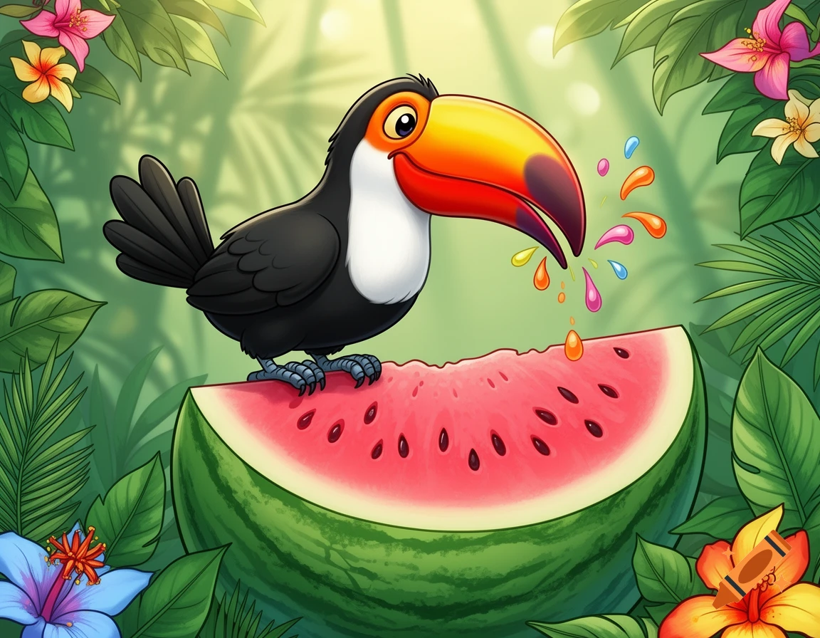 A colorful cartoon toucan pecks at a large slice of watermelon in a vibrant tropical jungle.