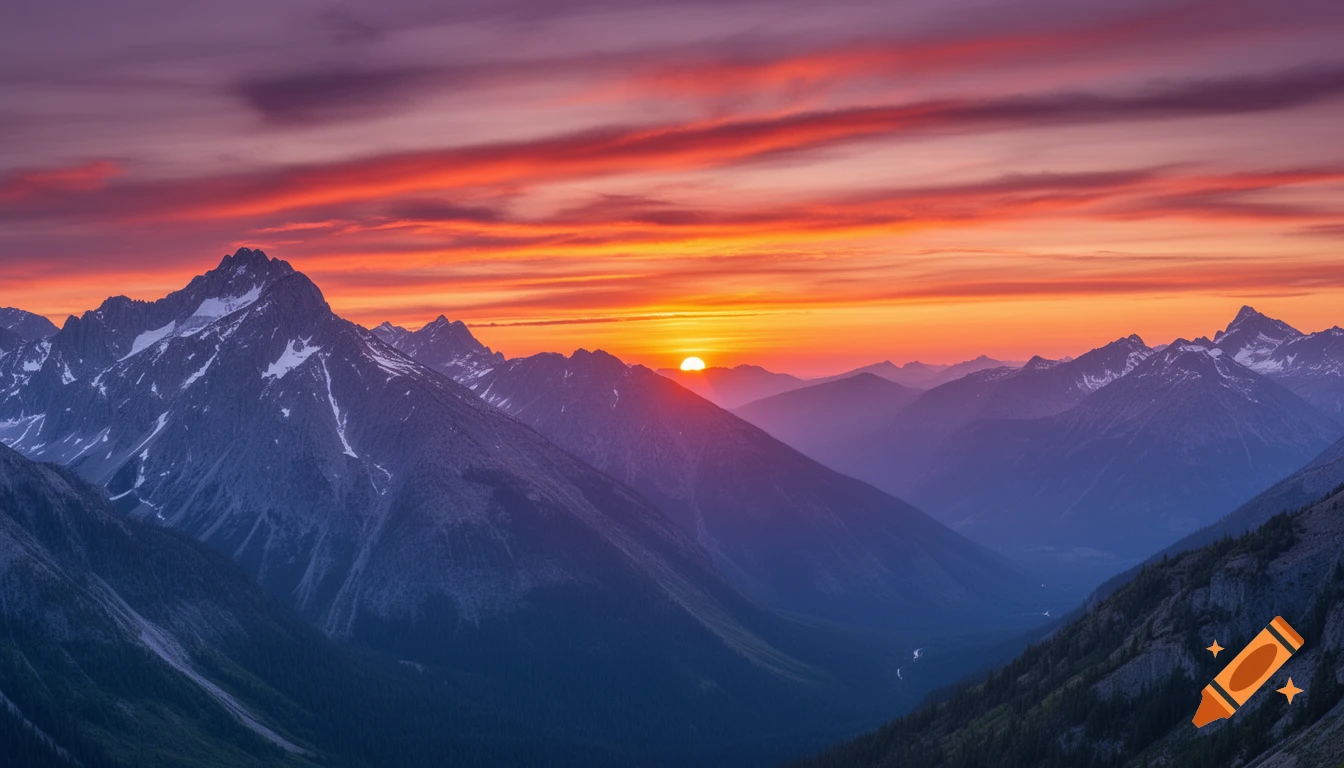 A vibrant sunset casts warm orange and purple hues over majestic snow-capped mountains and a deep valley.