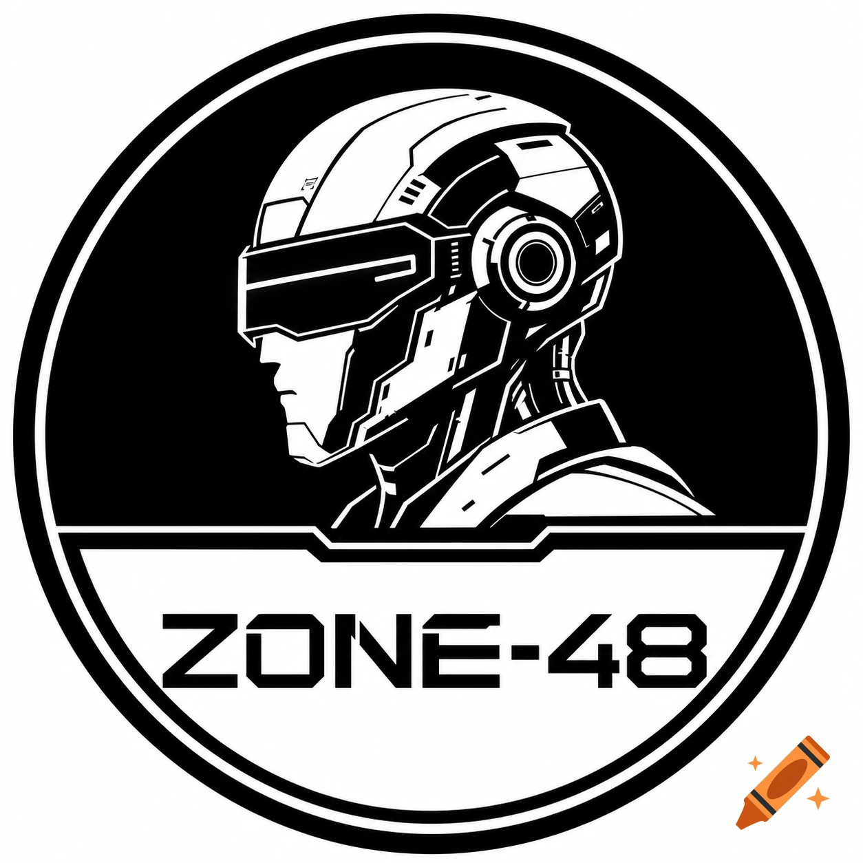 Black and white circular sci-fi logo with a futuristic robot head silhouette and the text "ZONE-48".