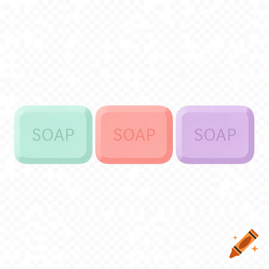 Three pastel-colored bars of soap, mint green, coral, and lavender, each labeled 'SOAP', on a transparent background.