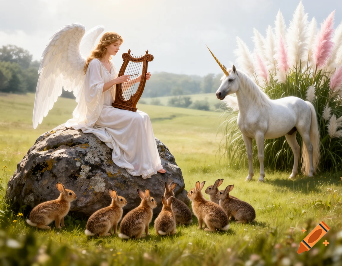 A photorealistic image of an angel playing a lyre on a rock for bunnies, while a unicorn stands nearby in a grassy field with pampas grass.