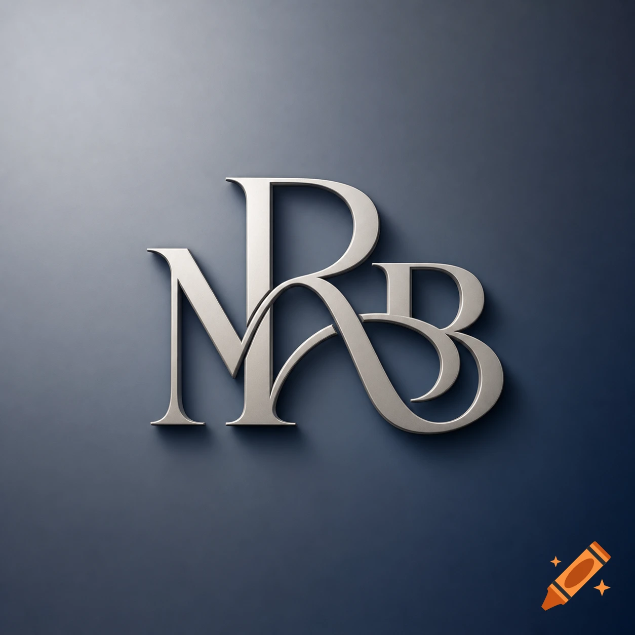 An elegant silver monogram intertwining the letters M, R, and B, casting shadows on a dark blue background.