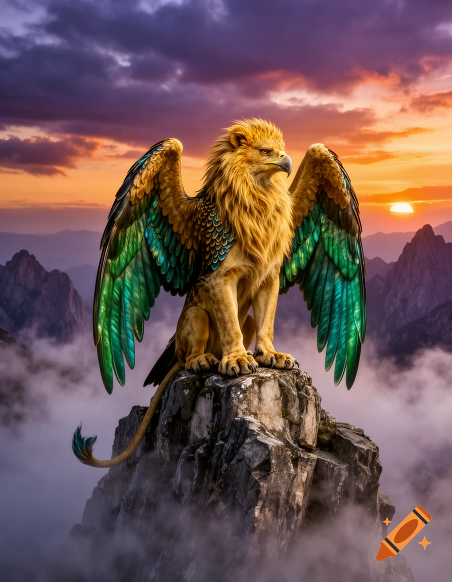 A majestic golden griffin with vibrant green-blue wings sits atop a rocky mountain peak at sunset.