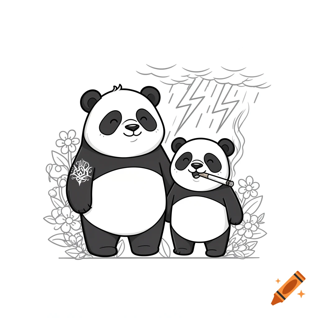Two cartoon pandas, one larger with a tribal tattoo and one smaller smoking a cigarette, under a cloudy sky with lightning. The background features outlines of flowers.