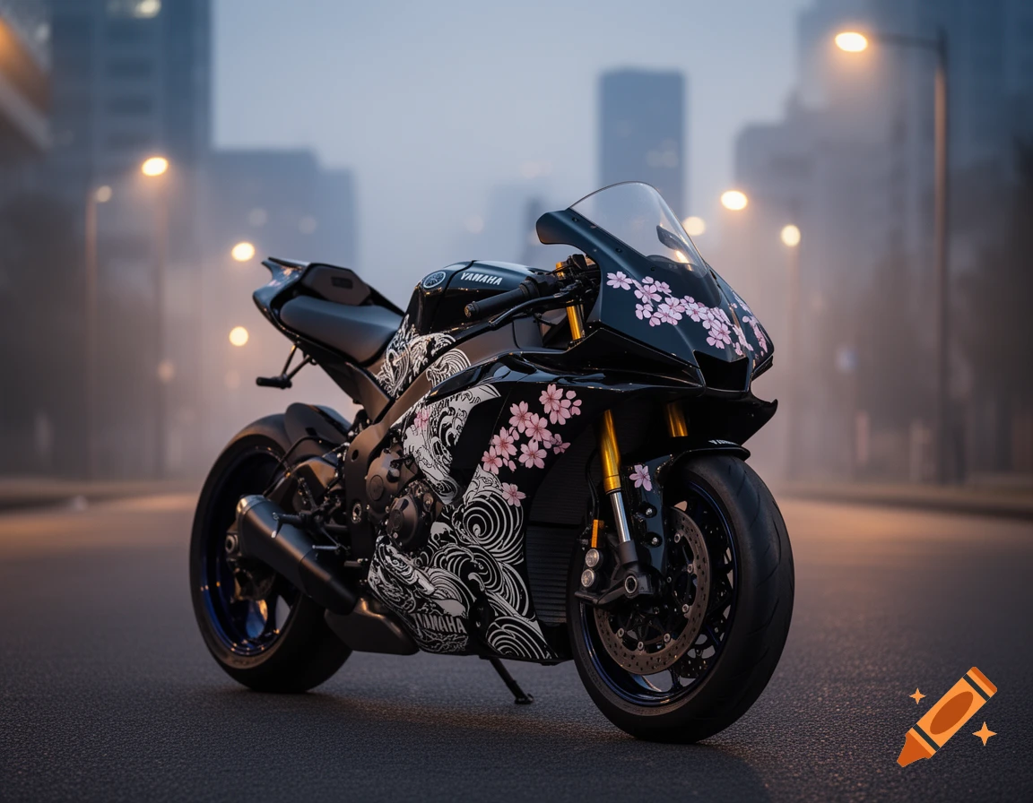 A black Yamaha R1 motorcycle with a white yakuza and pink cherry blossom design, parked on a street with blurred city lights.