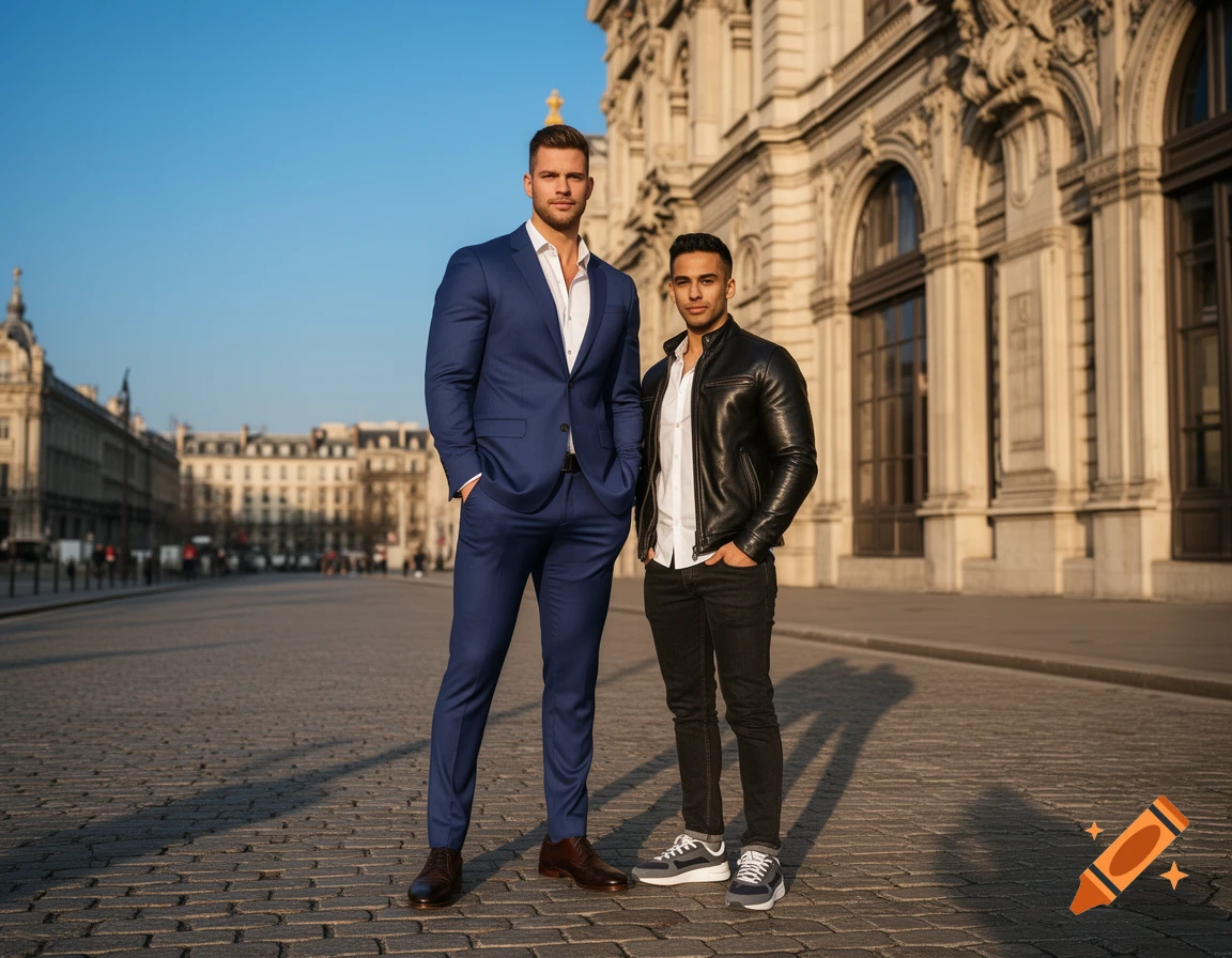 Two men, one in a blue suit and another in a leather jacket, stand on a cobbled street before a grand classical building.