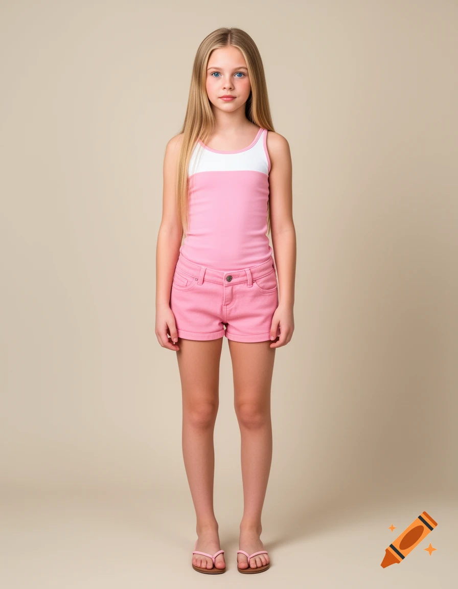 A young girl with long blonde hair and blue eyes stands wearing a pink and white tank top, pink shorts, and pink flip-flops.