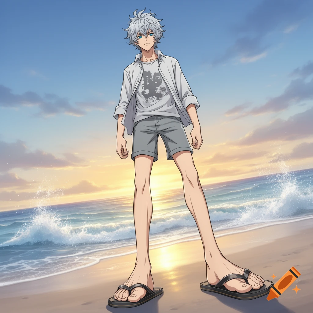 A young anime man with white hair and blue eyes stands on a sandy beach at sunset, wearing a white shirt, gray shorts, and black flip-flops, viewed from a low angle emphasizing his large feet.